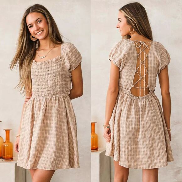 Mable Womens Plaid Back Lace Up Dress Size Medium Brown Puff Sleeve Smocked - Picture 1 of 11